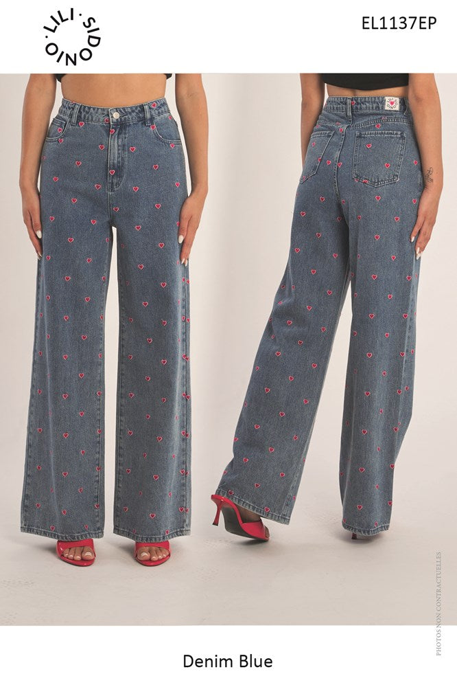 Cotton jeans with embroidered multi-hearts
