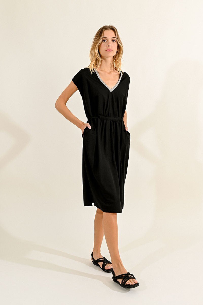 V-NECK MIDI DRESS - BLACK - Molly Bracken E-Shop