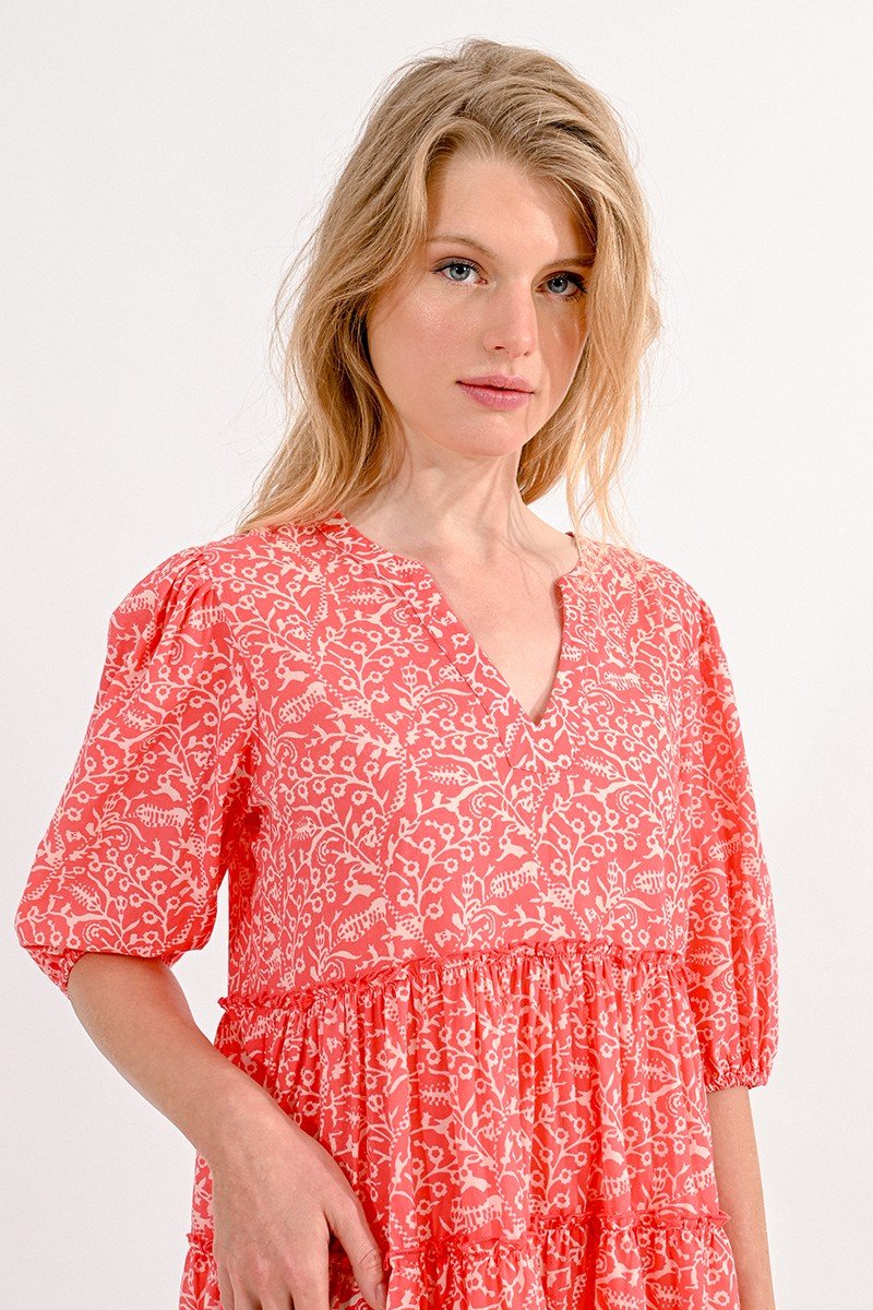 V-NECK MINI PRINTED DRESS - PINK INDRA - Molly Bracken E-Shop