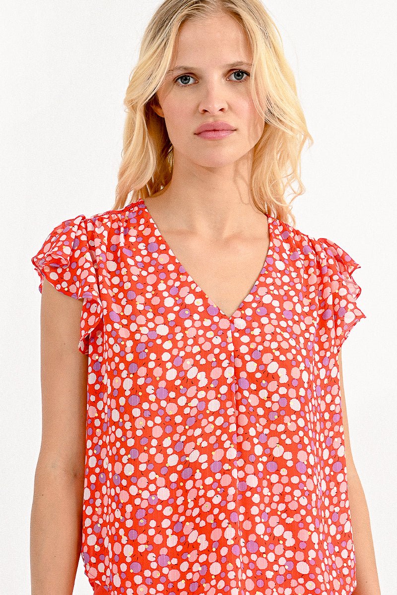 V-NECK PRINTED TOP - RED CHARLOTTE - Molly Bracken E-Shop