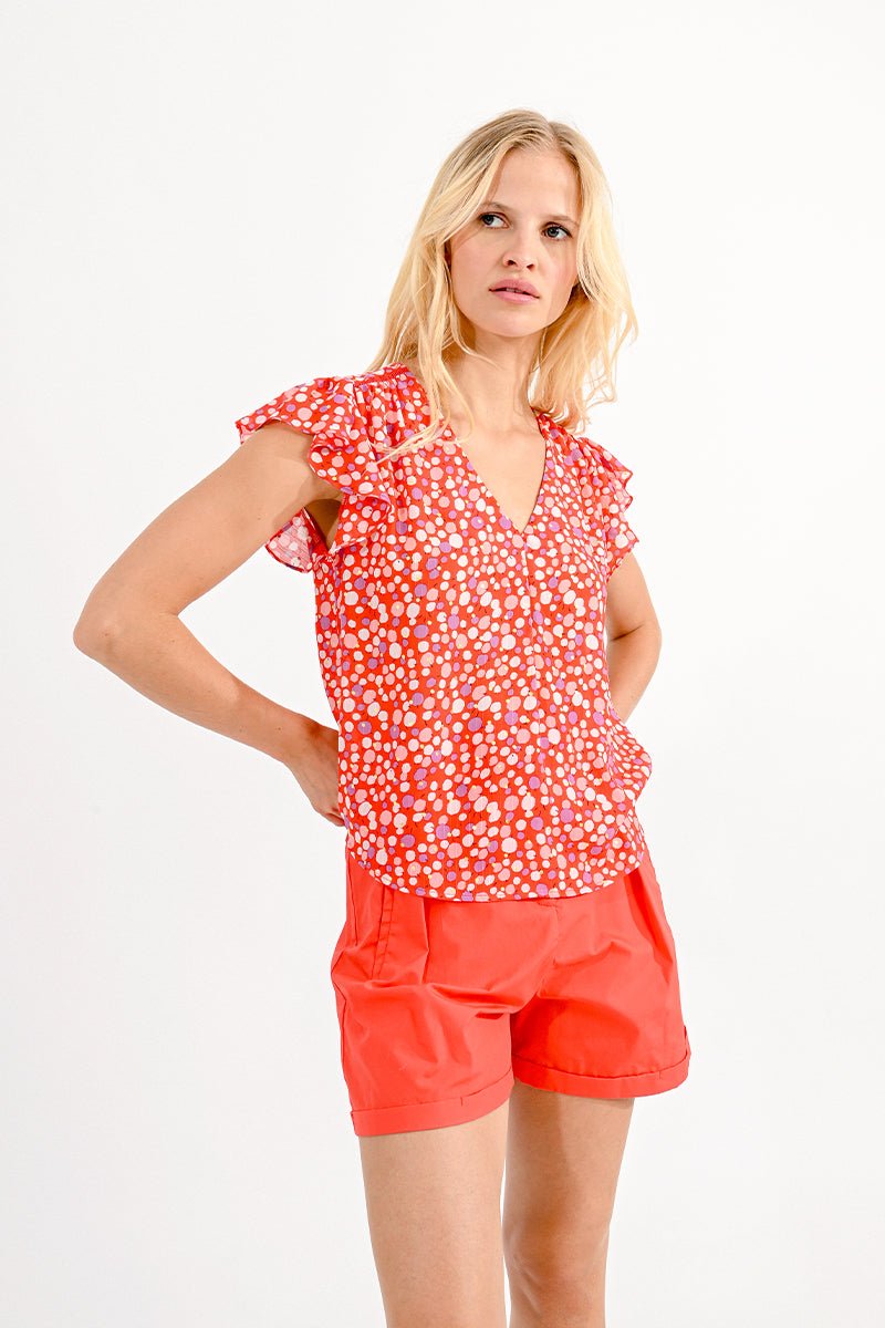 V-NECK PRINTED TOP - RED CHARLOTTE - Molly Bracken E-Shop