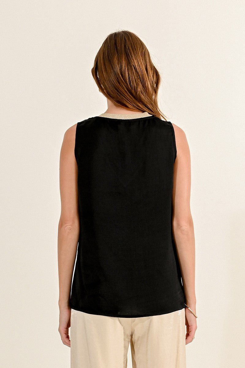 V-NECK SATIN TANK TOP - BLACK - Molly Bracken E-Shop