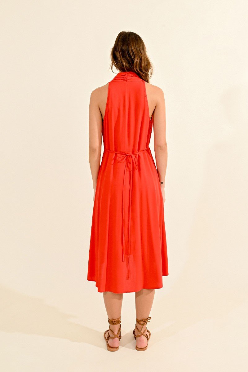 V-NECK SLEEVELESS DRESS - RED ORANGE - Molly Bracken E-Shop