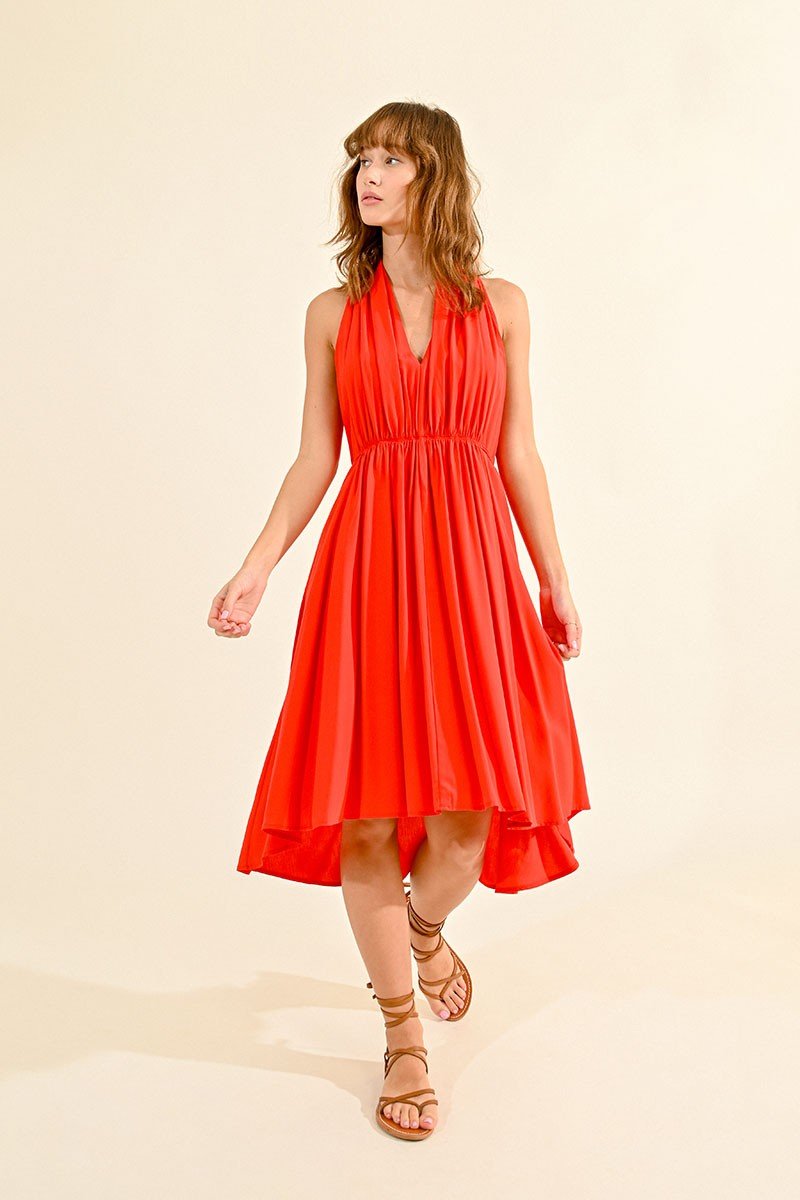 V-NECK SLEEVELESS DRESS - RED ORANGE - Molly Bracken E-Shop