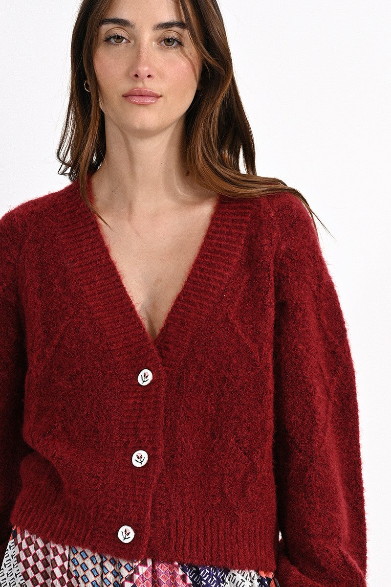 Rib-knit Cardigan - Red - Ladies